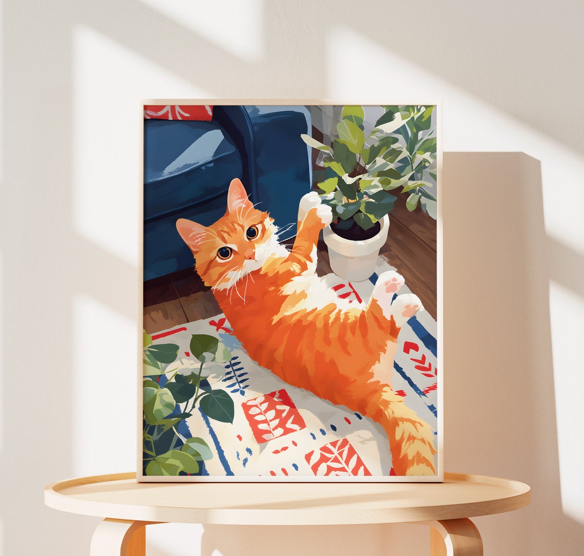 Playful Ginger Cat Lying on Its Back on a Colorful Rug Poster
