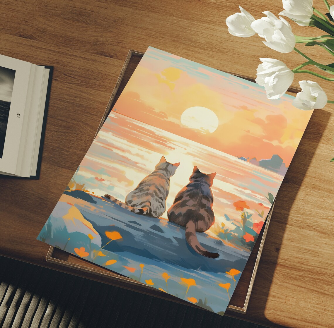 Lovely Cat Couple, Sunset Sea Art Print - Image 3