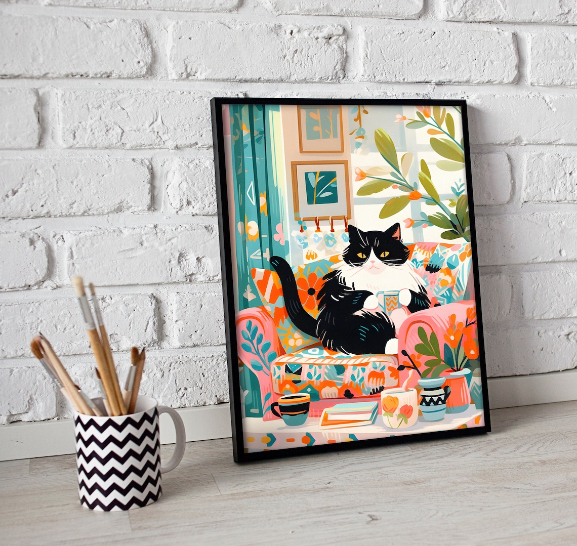 Tuxedo Calico Cat Art Print, Gift for Cat Lovers - Image 2