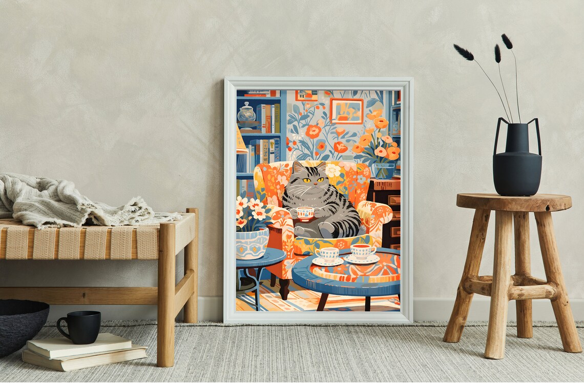 Tea Cat Painting, Tabby Cat Christmas Art Print - Image 2
