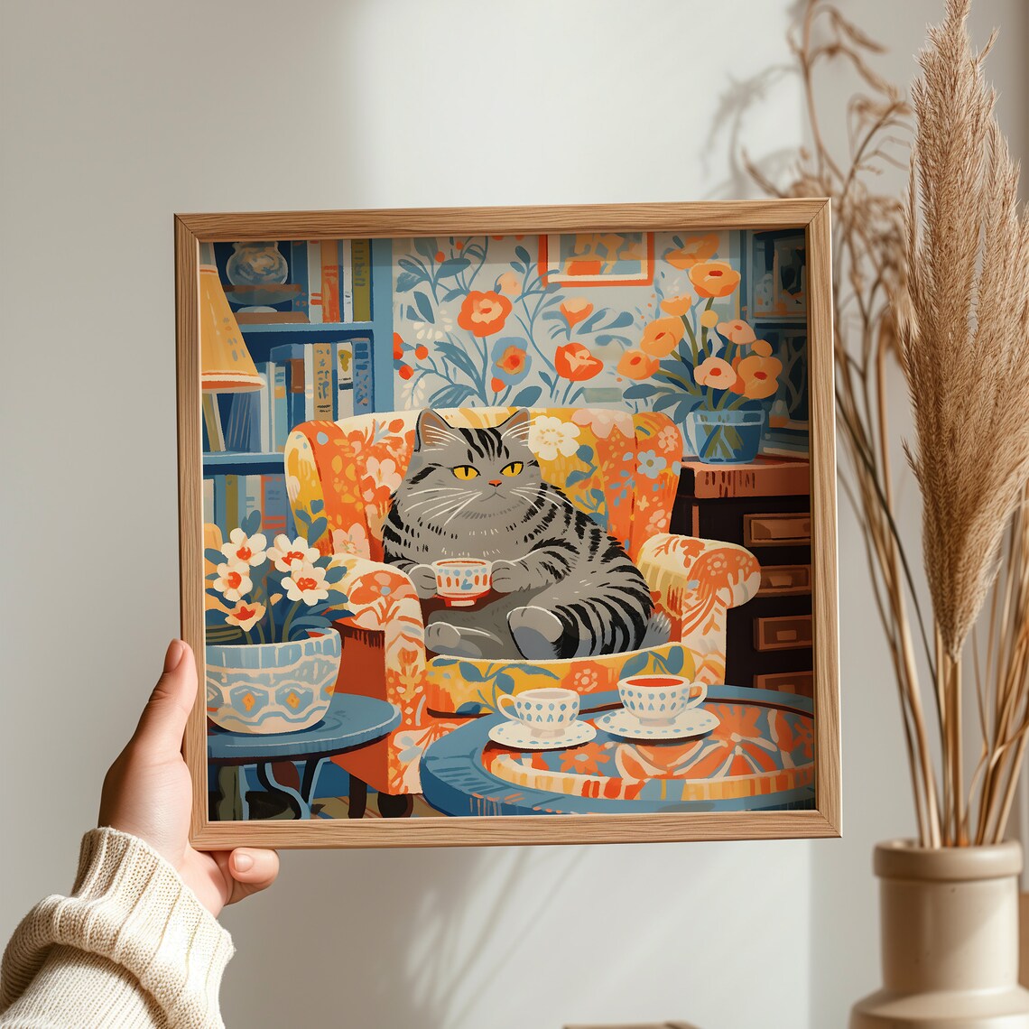 Tea Cat Painting, Tabby Cat Christmas Art Print - Image 3