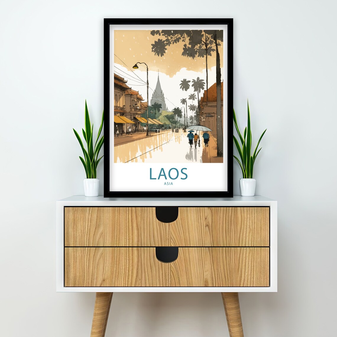 Laos Asia Temple Street Rainy Day Umbrellas Watercolor Art Poster - Image 2