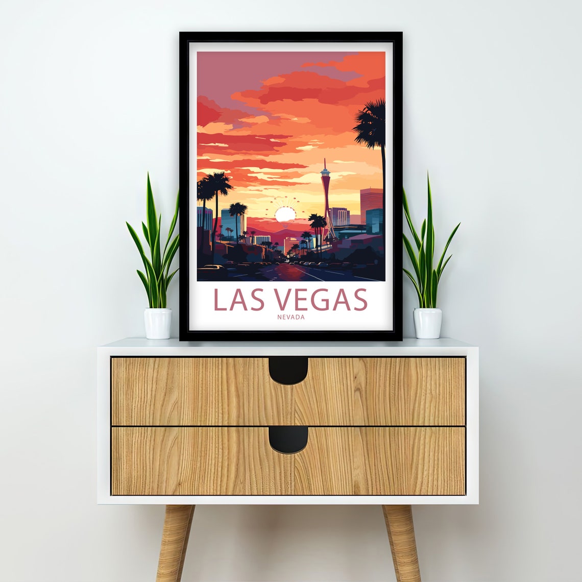 Las Vegas Nevada Sunset Skyline STRAT Tower Palm Trees Art Poster - Image 2