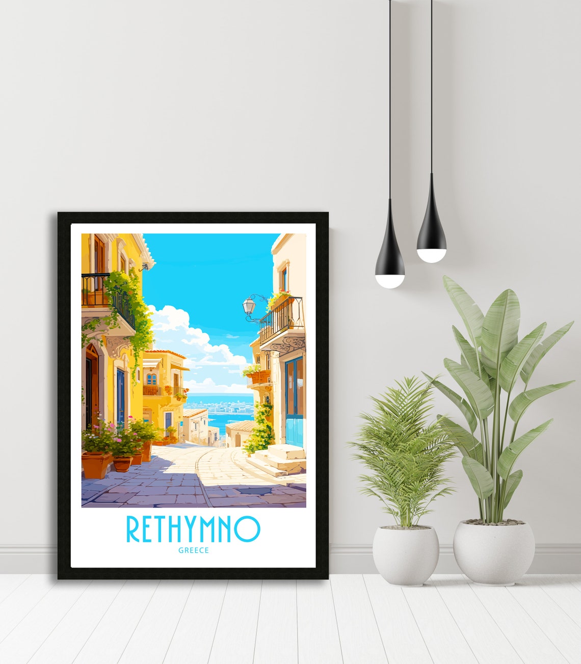 Rethymno Greece Old Town Cobblestone Street Sea View Alleyway Poster - Image 5