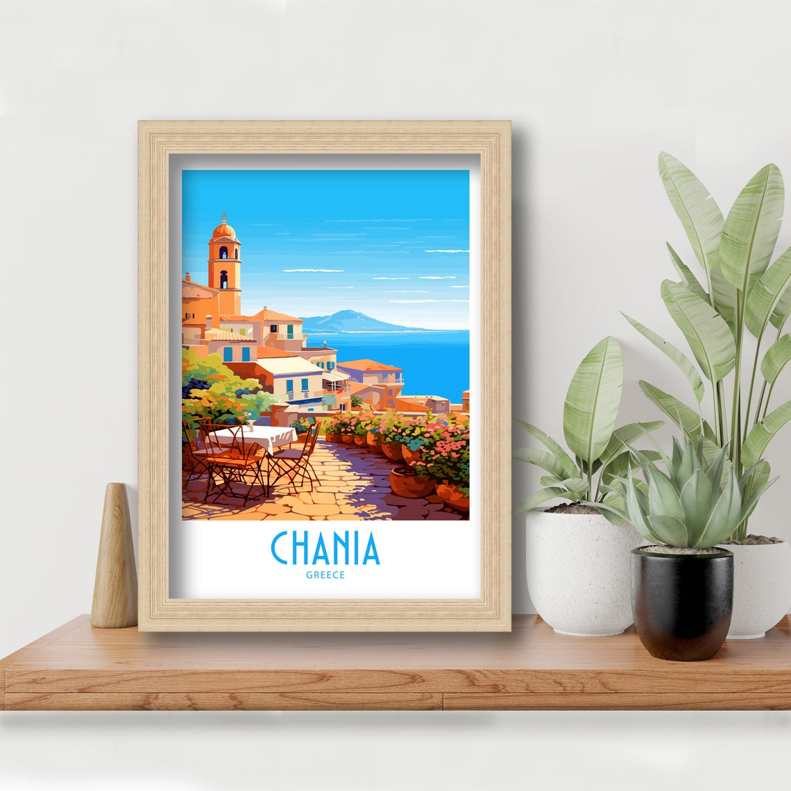 Chania Greece Seafront Terrace Mountain View Church Tower Art Poster - Image 6