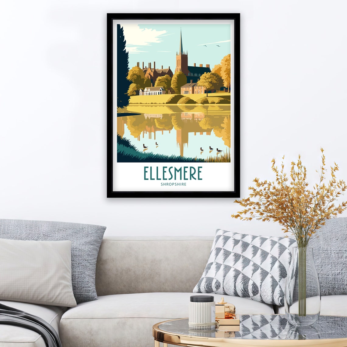 Ellesmere Shropshire Lakeside Church Spire And Ducks Golden Poster - Image 3