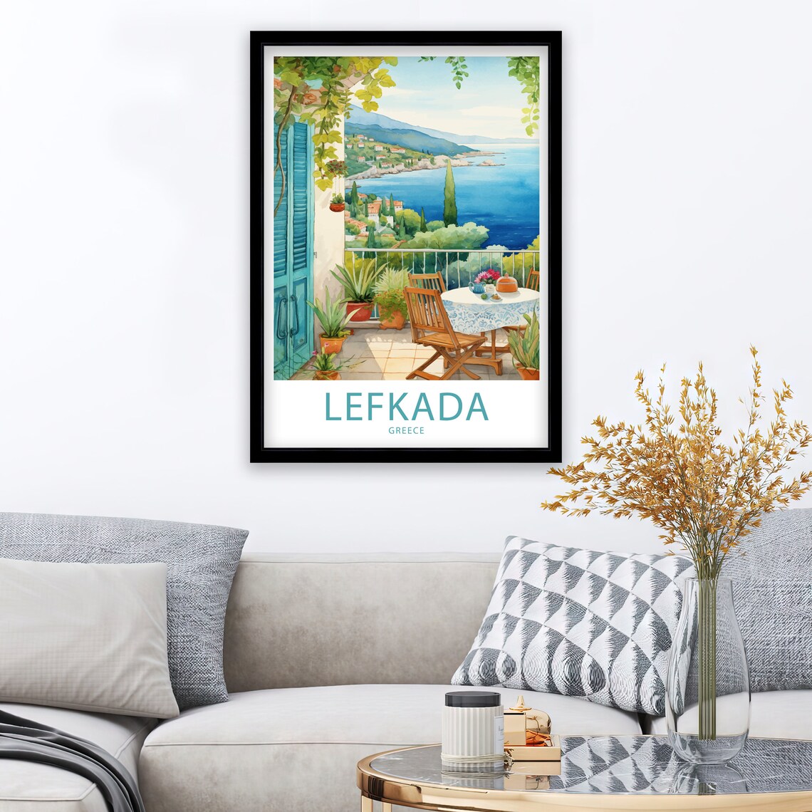 Lefkada Greece Sunny Terrace Sea View Watercolor Travel Poster - Image 3