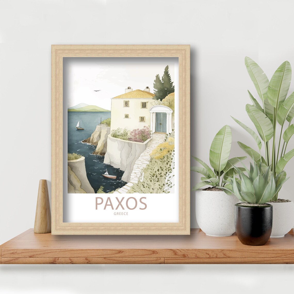Paxos Greece Watercolor Cliffside Villa Sea View Sailboats Art Poster - Image 6