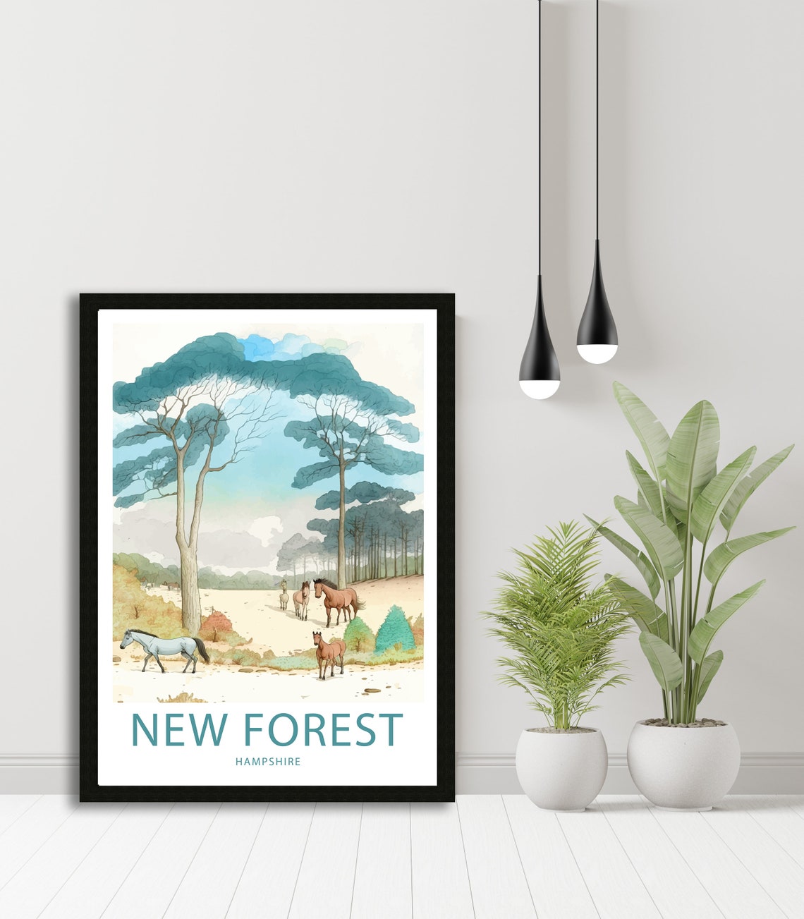 New Forest Hampshire Horses Clearing Pine Trees Watercolor Poster - Image 5