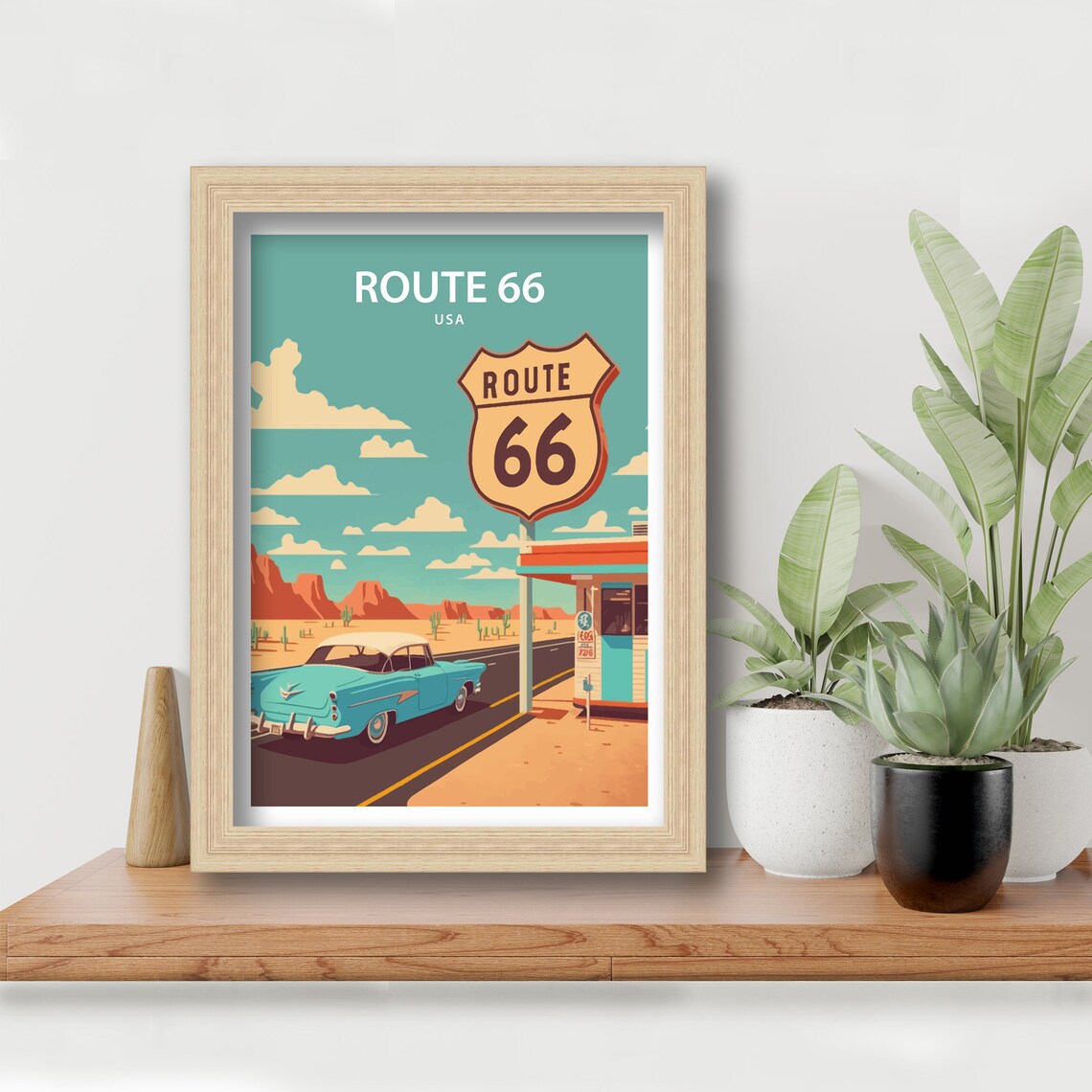 Route 66 USA Highway Shield Classic Car Desert Retro Travel Poster - Image 5