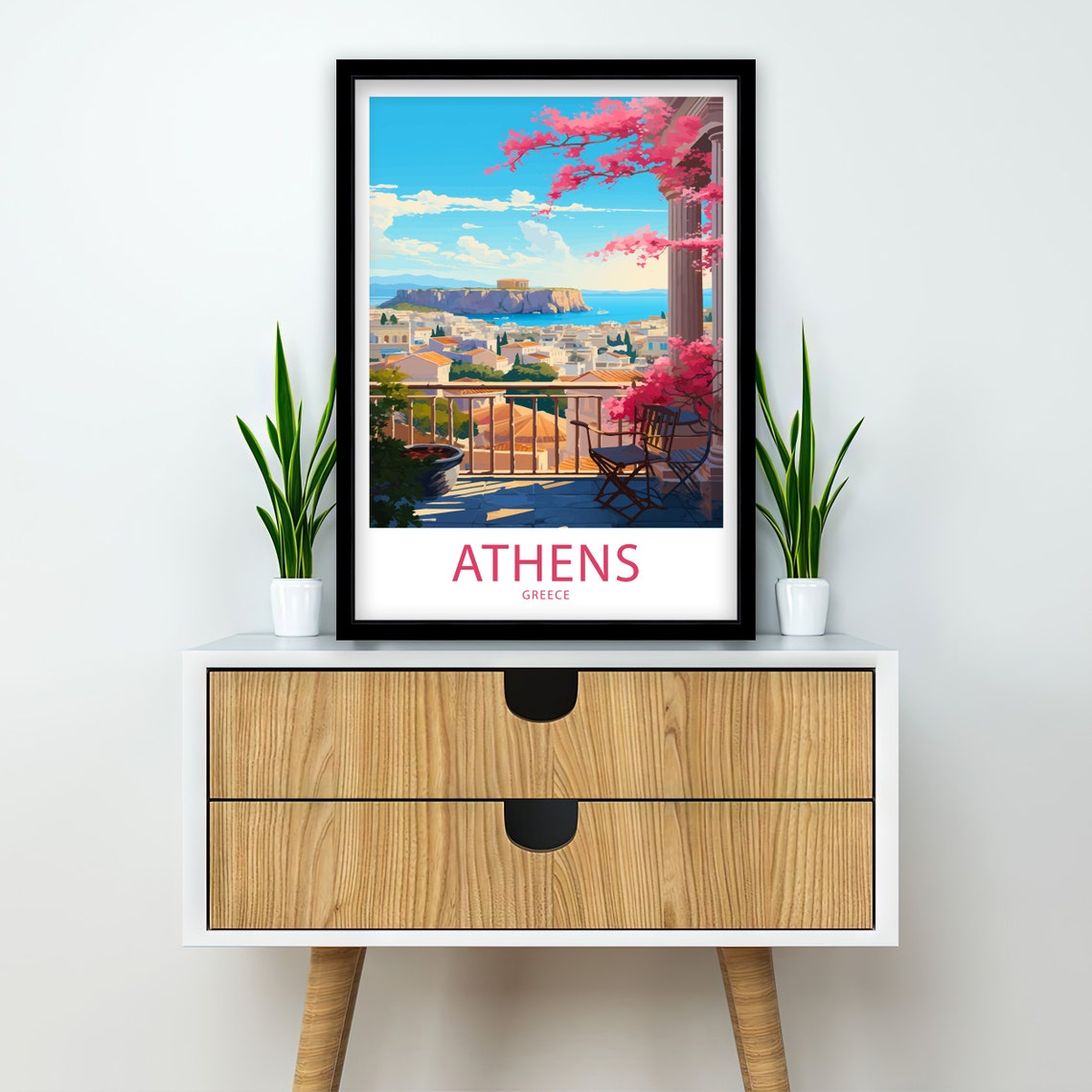 Athens Greece Balcony Acropolis View Pink Blossom Retro Travel Poster - Image 2