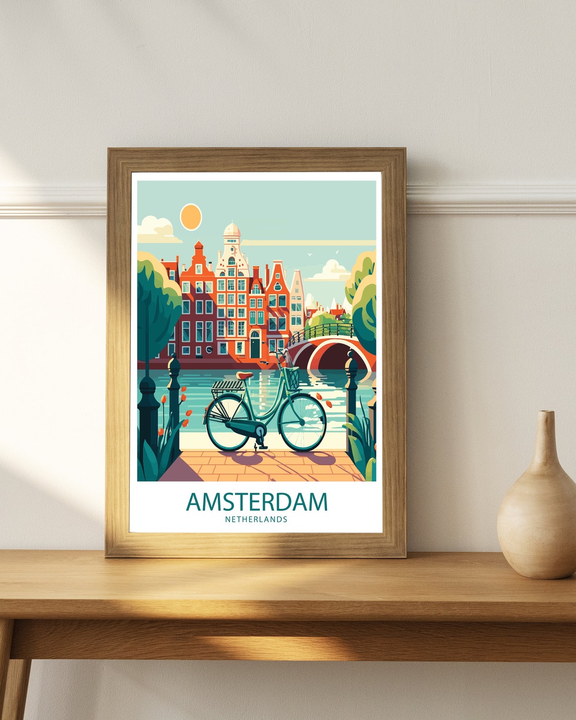 Amsterdam Netherlands Canal Bridge Bicycle Tulips Travel Poster - Image 3