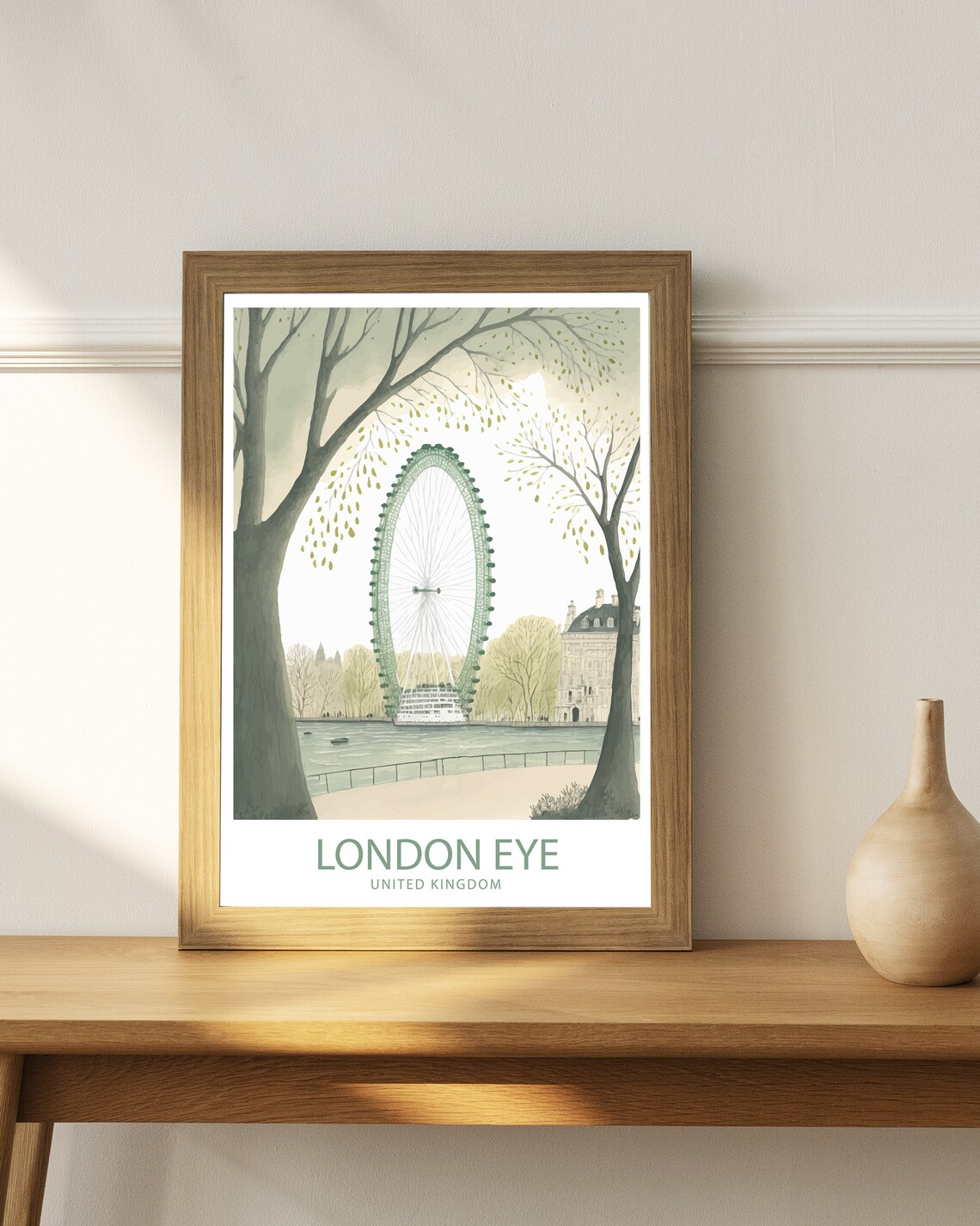 London Eye United Kingdom Watercolor Wheel Trees Travel Poster - Image 3