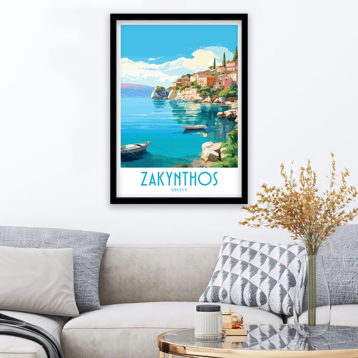Zakynthos Greece Cliff Village Turquoise Rowboats Travel Poster - Image 3