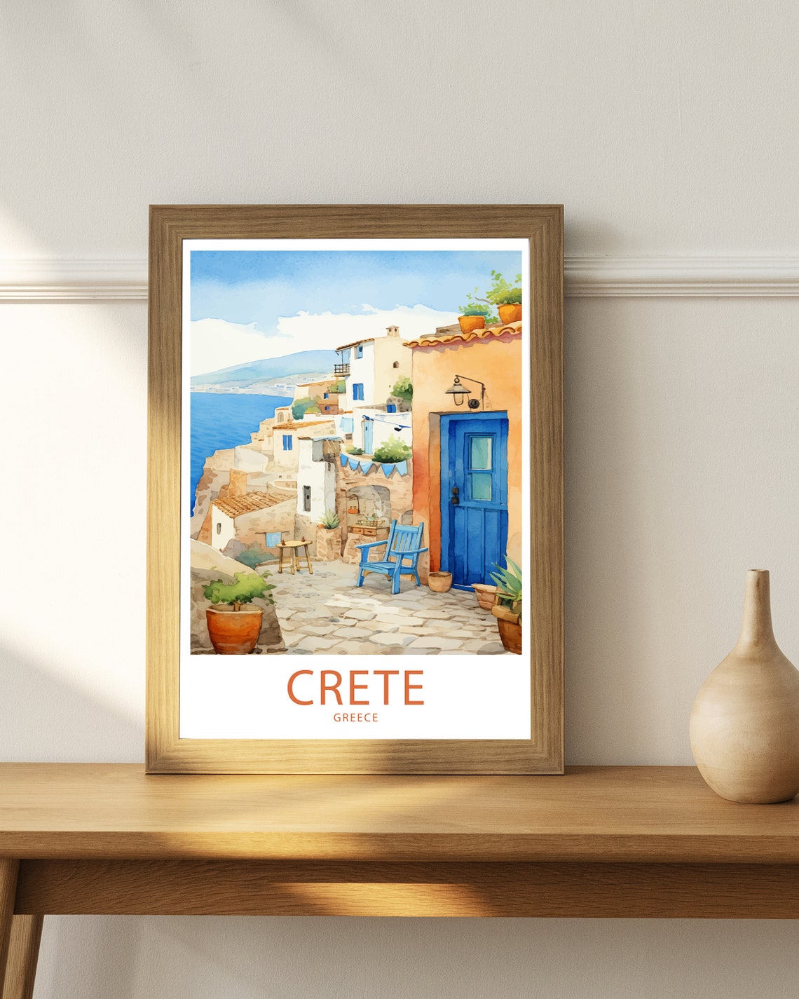 Crete Greece Courtyard Blue Doors Sea View Watercolor Poster - Image 4