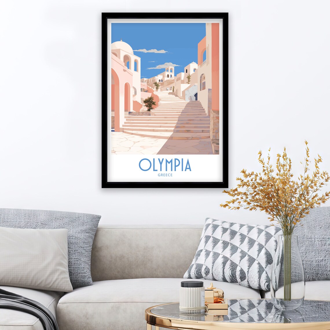 Olympia Greece Hilltop Steps Church Towers Sunlit Climb Travel Poster - Image 3