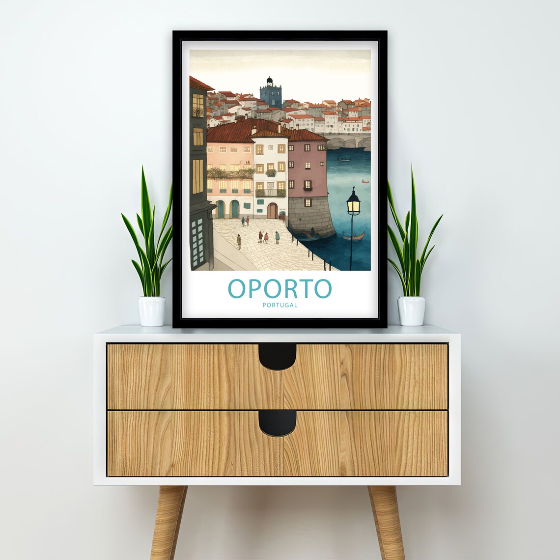 Oporto Portugal Riverside Old Town Waterfront Illustration Poster - Image 2