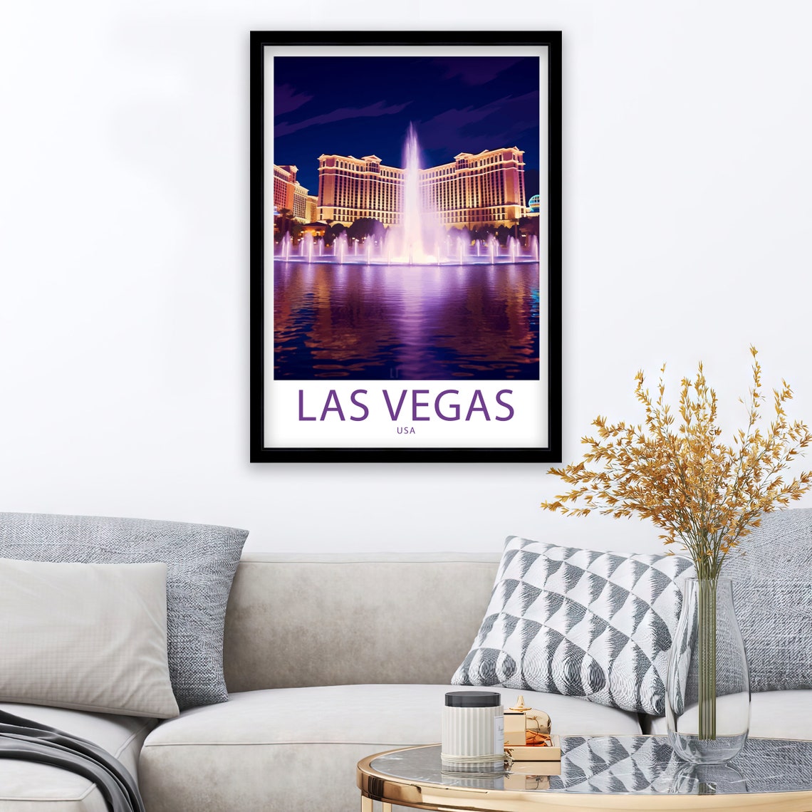 Las Vegas USA Bellagio Fountain Show Purple Night Skyline Poster - Image 2