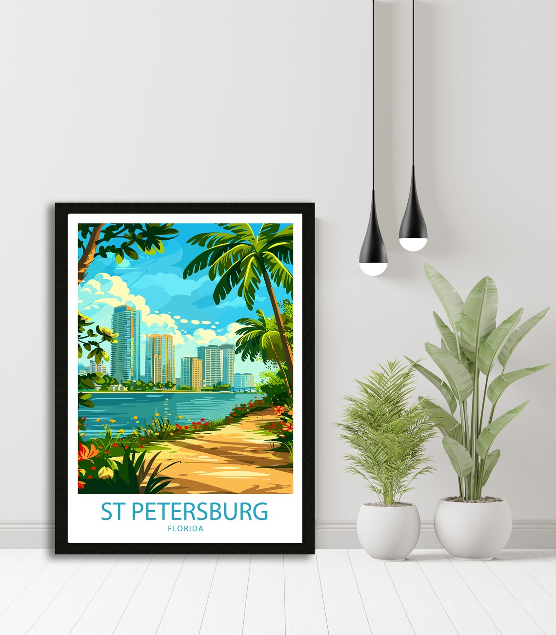 St Petersburg Florida Downtown Skyline Over Water Palm Framed Poster - Image 4
