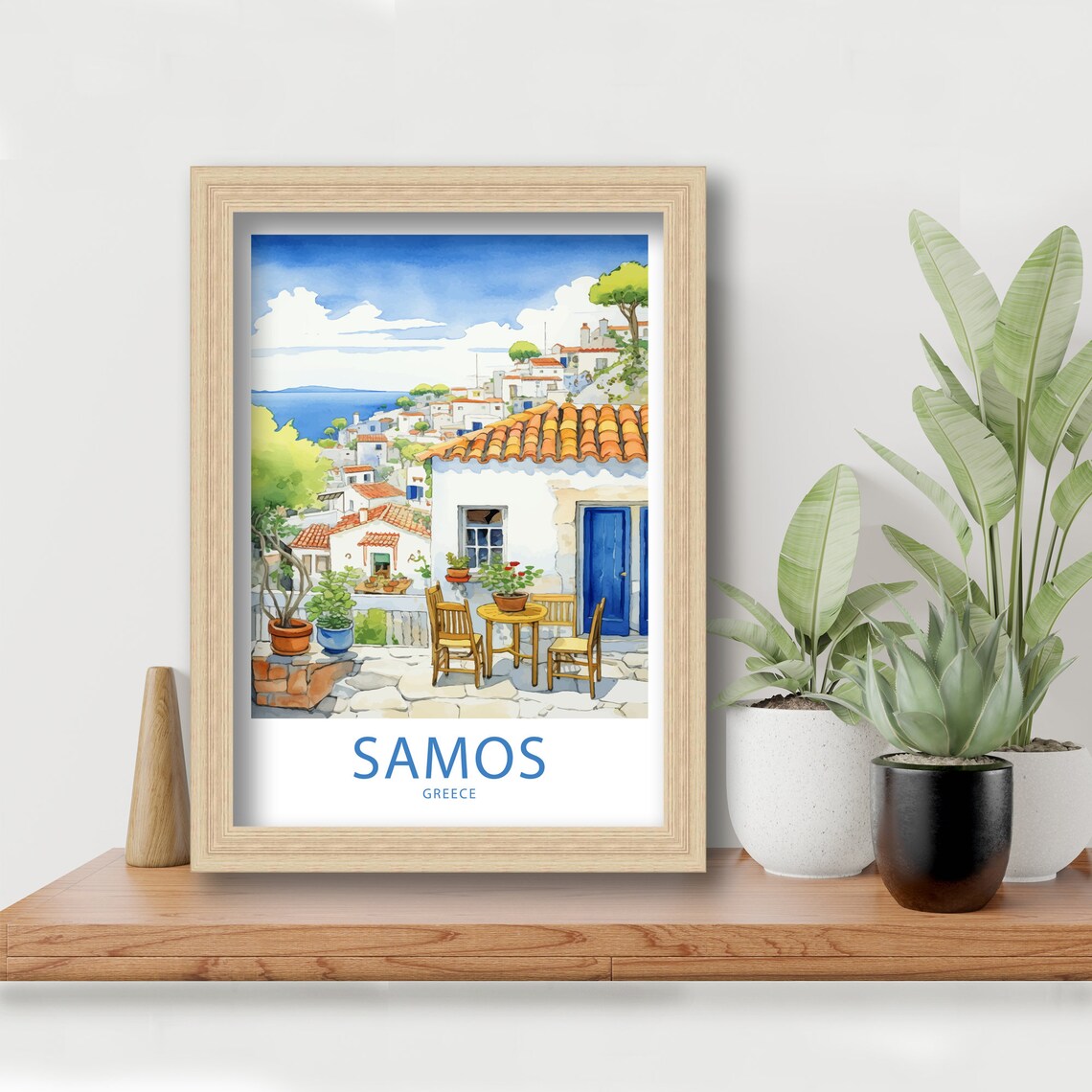 Samos Greece Sunlit Terrace Village View Watercolor Travel Poster - Image 6