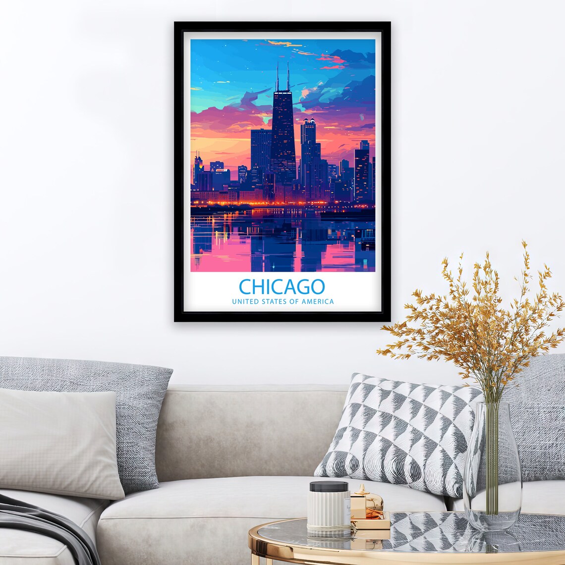Chicago Illinois Sunset Downtown Skyline Lake Reflection Travel Poster - Image 2