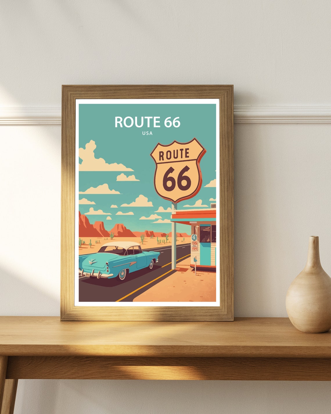 Route 66 USA Highway Shield Classic Car Desert Retro Travel Poster - Image 3