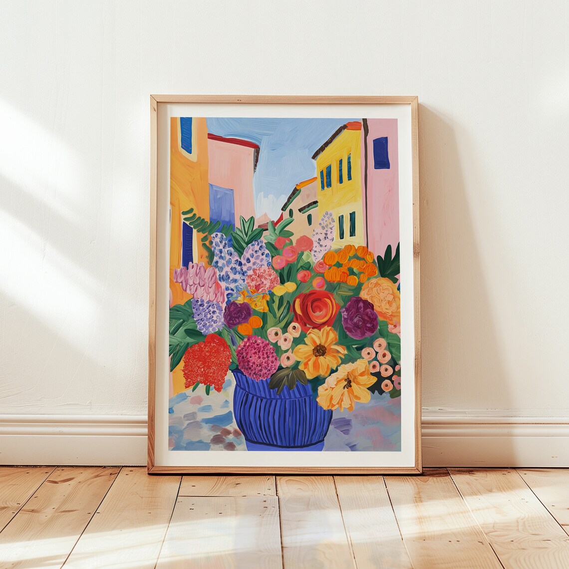 Italian Street with Flowers in Blue Vase Colorful Buildings Poster