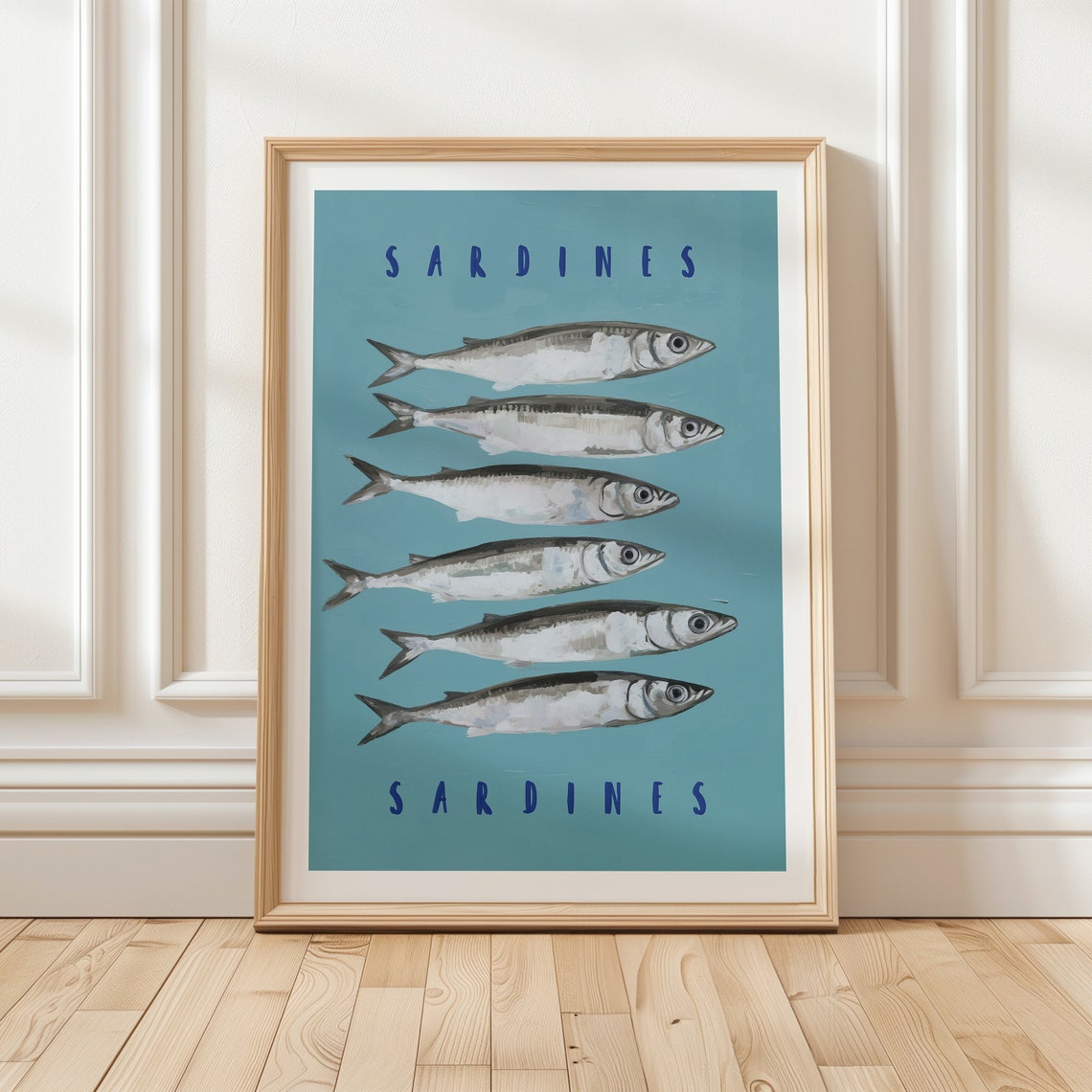 Sardines Typography Row of Six Fish on Teal Coastal Kitchen Poster - Image 3