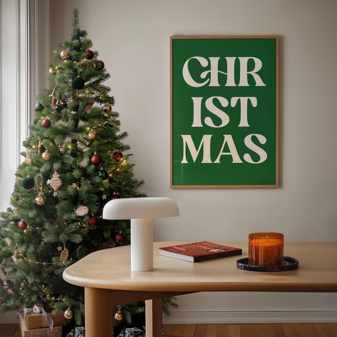 Christmas Cream Typography on Green Minimal Holiday Word Poster - Image 4