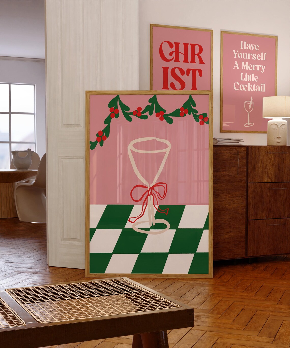Pink Christmas Cocktail Glass with Bow Retro Holiday Party Poster - Image 2