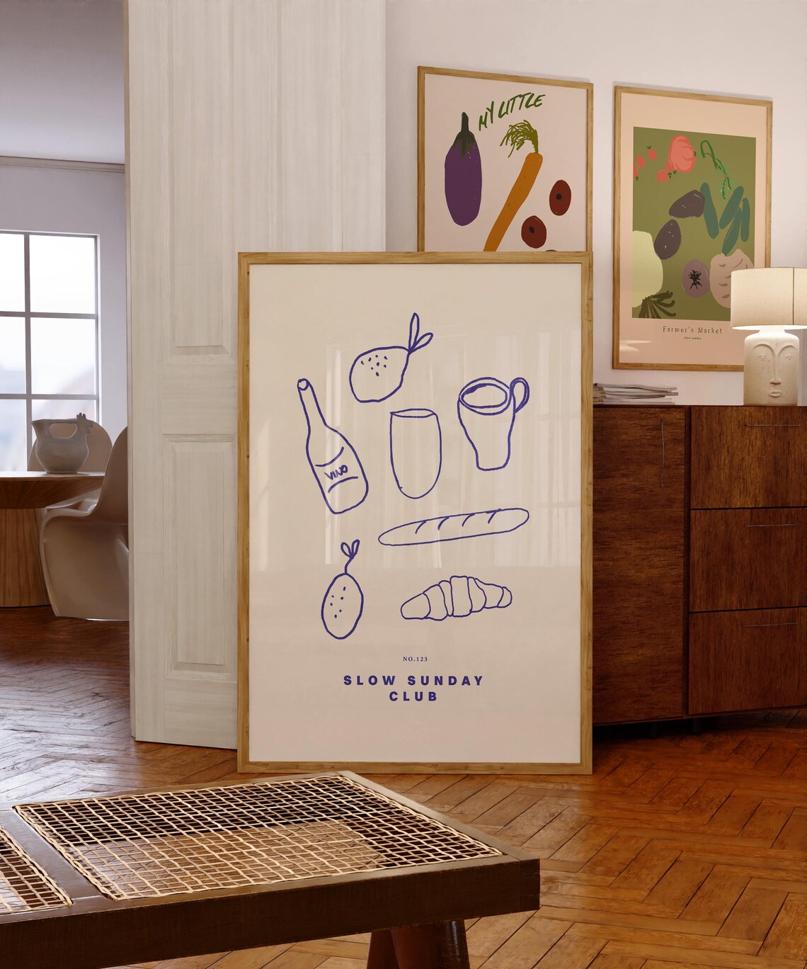 Slow Sunday Club French Breakfast Blue Line Drawing Kitchen Poster