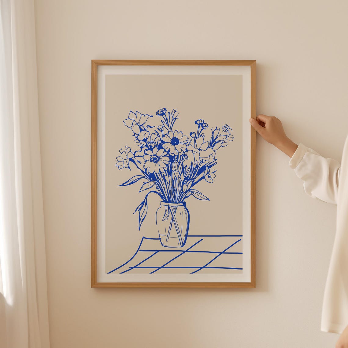 Blue Line Wildflower Bouquet In Vase Minimalist Botanical Poster