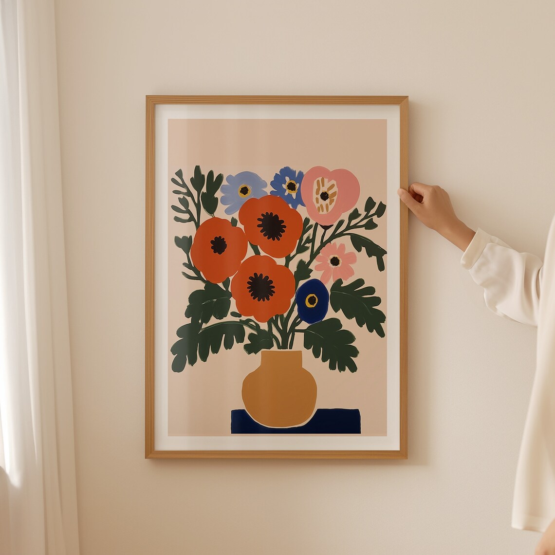 Bold Red Poppies And Wildflowers In Ochre Vase Modern Floral Poster