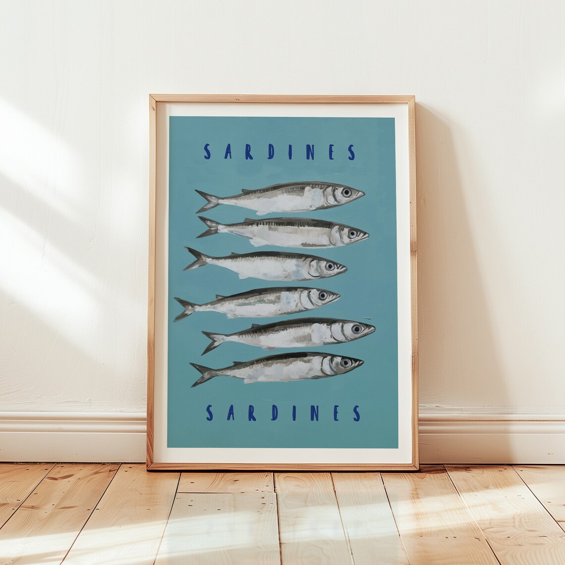 Sardines Typography Row of Six Fish on Teal Coastal Kitchen Poster