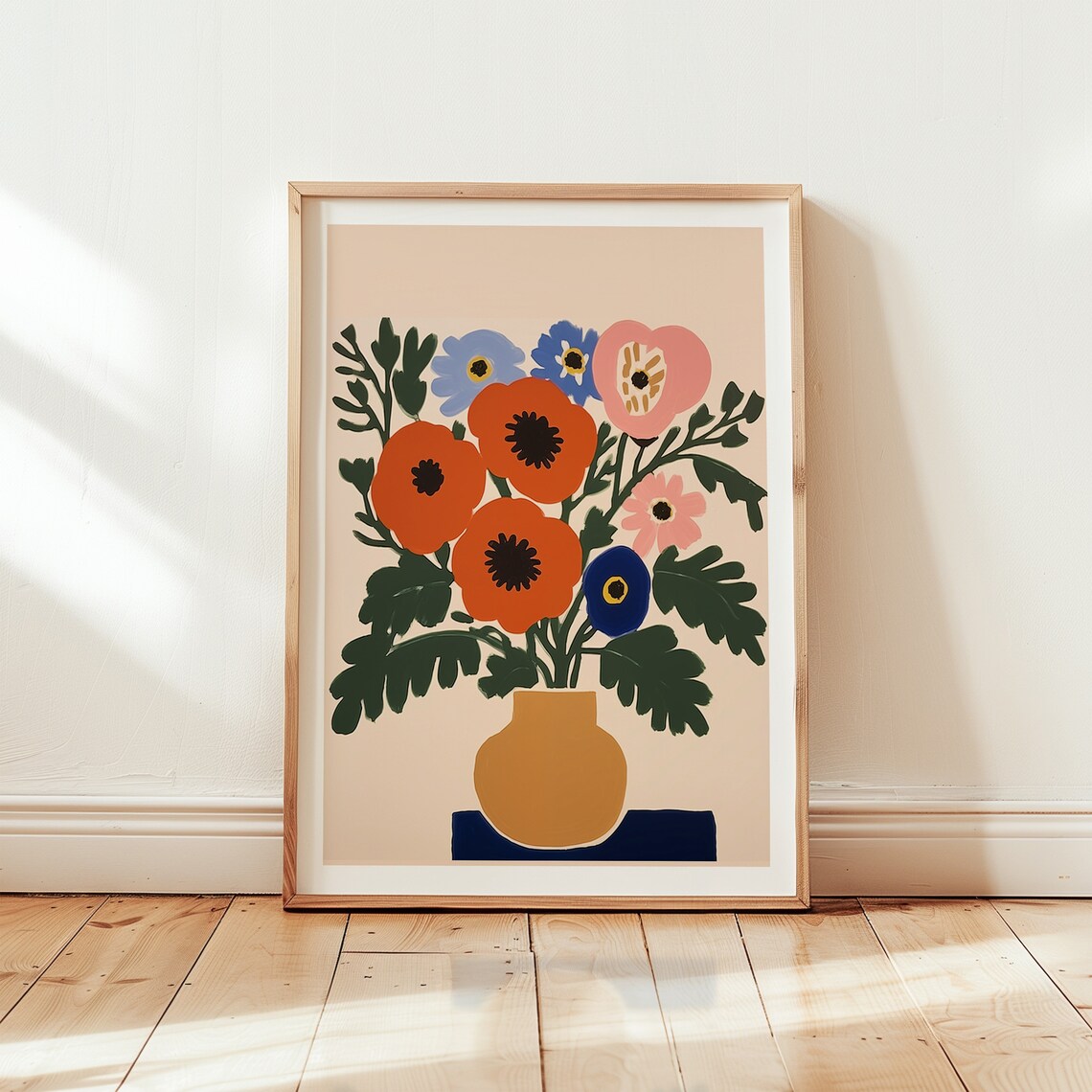 Bold Red Poppies And Wildflowers In Ochre Vase Modern Floral Poster - Image 3