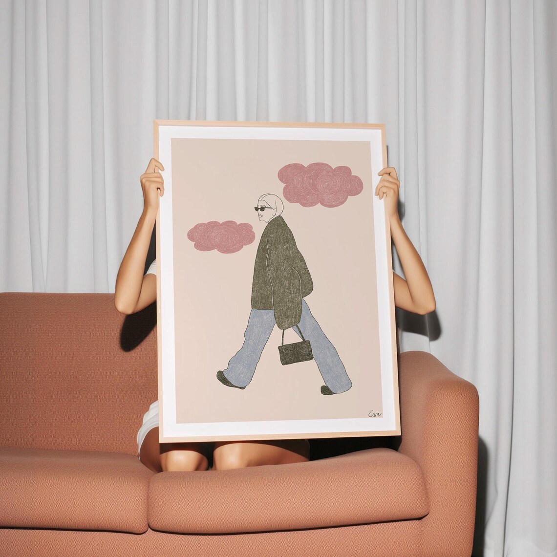 Stylish Woman In Sunglasses Walking With Pink Clouds Fashion Poster - Image 3