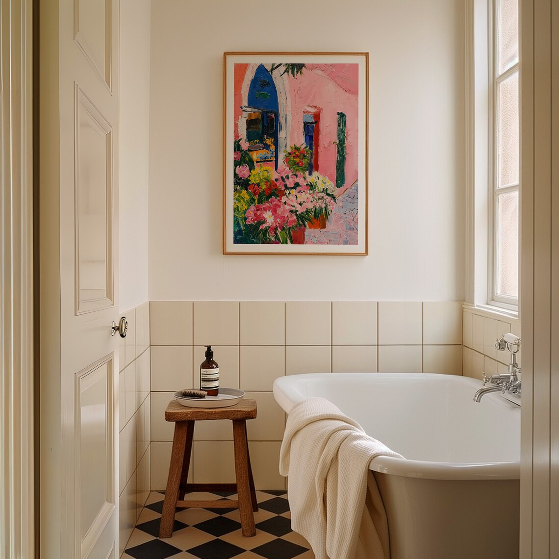 Colorful Flower Market Oil Painting With Pink Blue Door Facade Poster - Image 2
