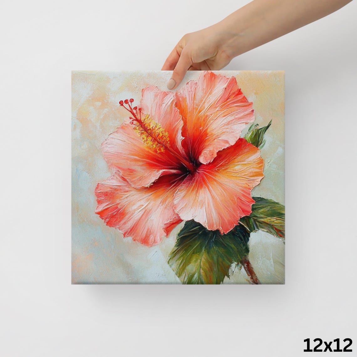 Coral Hibiscus Impasto Textured Tropical Floral Painting Poster - Image 2