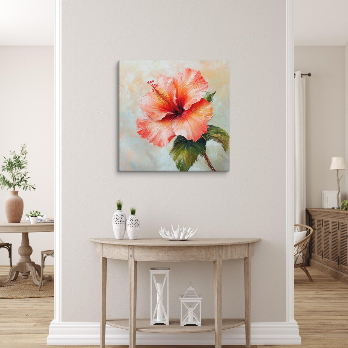 Coral Hibiscus Impasto Textured Tropical Floral Painting Poster - Image 3