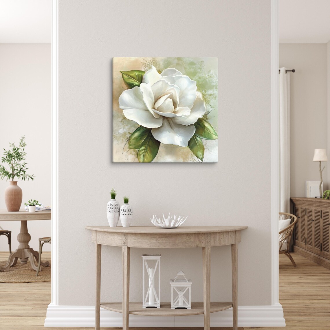 White Gardenia Bloom Green Leaves Sage Background Floral Poster - Image 4