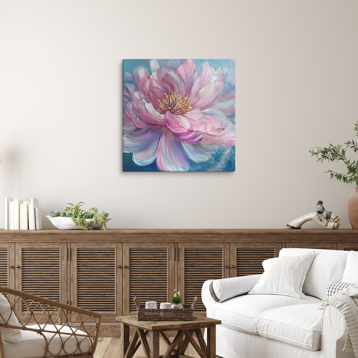 Pink and Blue Peony Impasto Close-Up Gold Center Floral Art Poster - Image 3