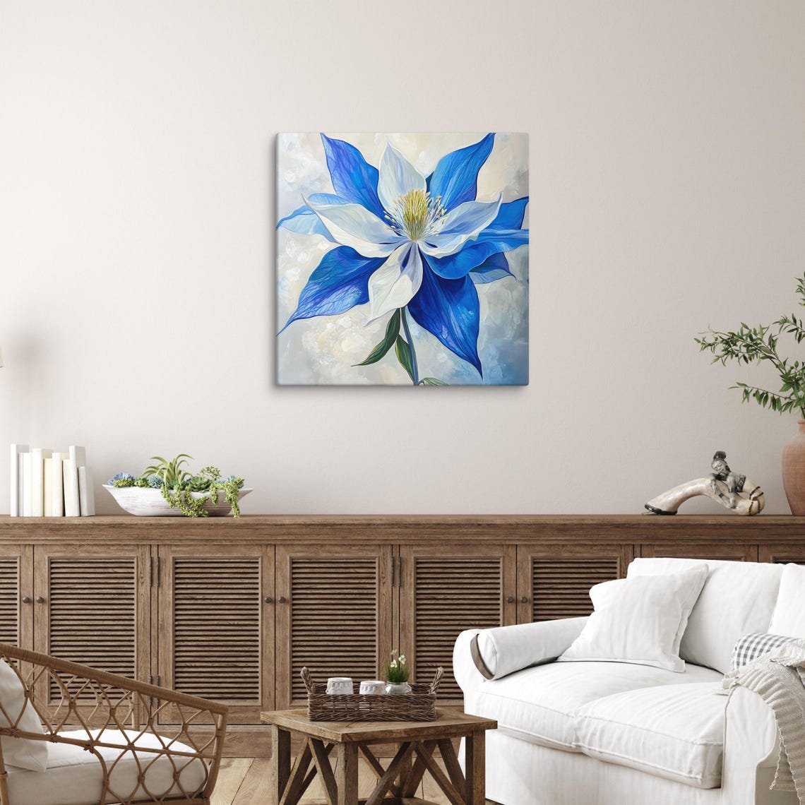Blue White Columbine Bloom Close-Up Painterly Floral Art Poster - Image 3