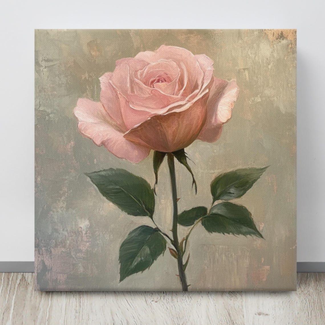 Blush Pink Rose Single Stem Gray Green Vintage Floral Wall Art - Image 4