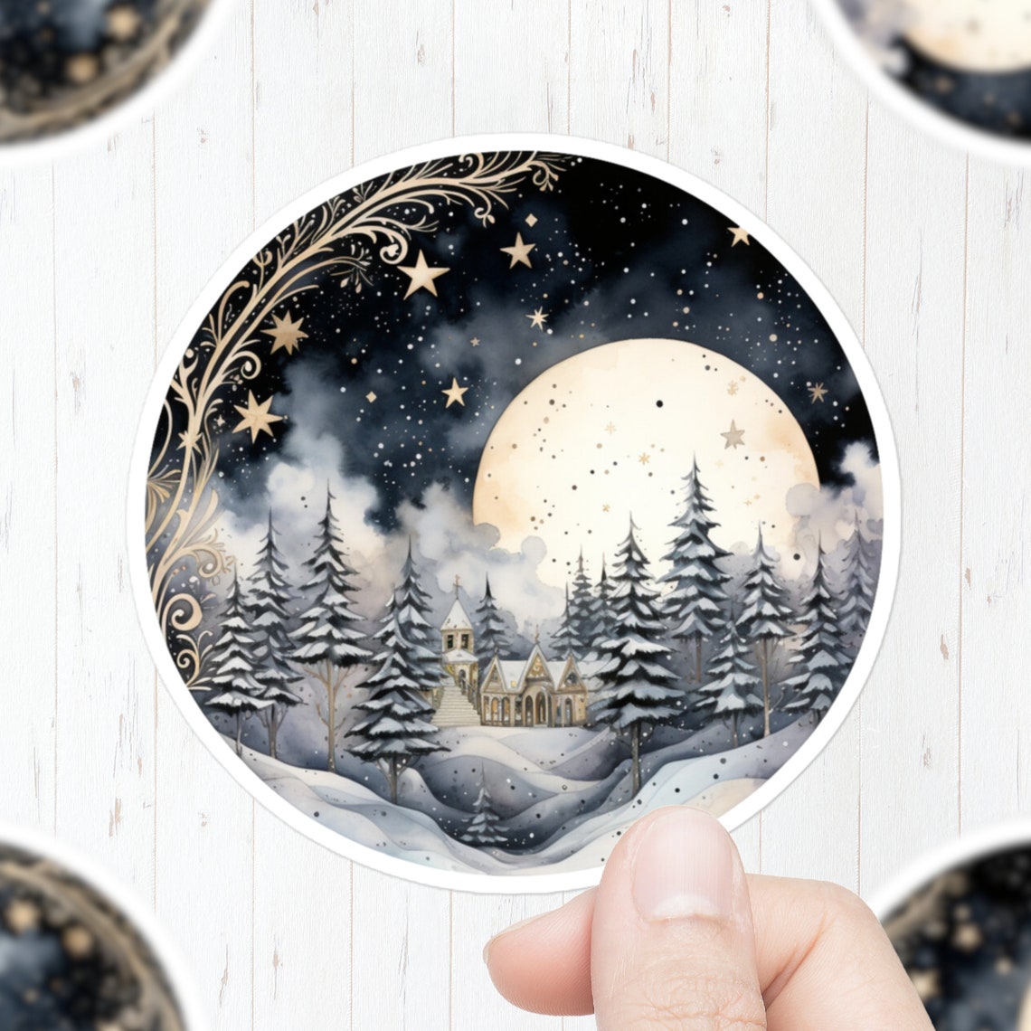 Winter Moon Sticker Full Moon Snowy Pines Celestial Night Decal Art