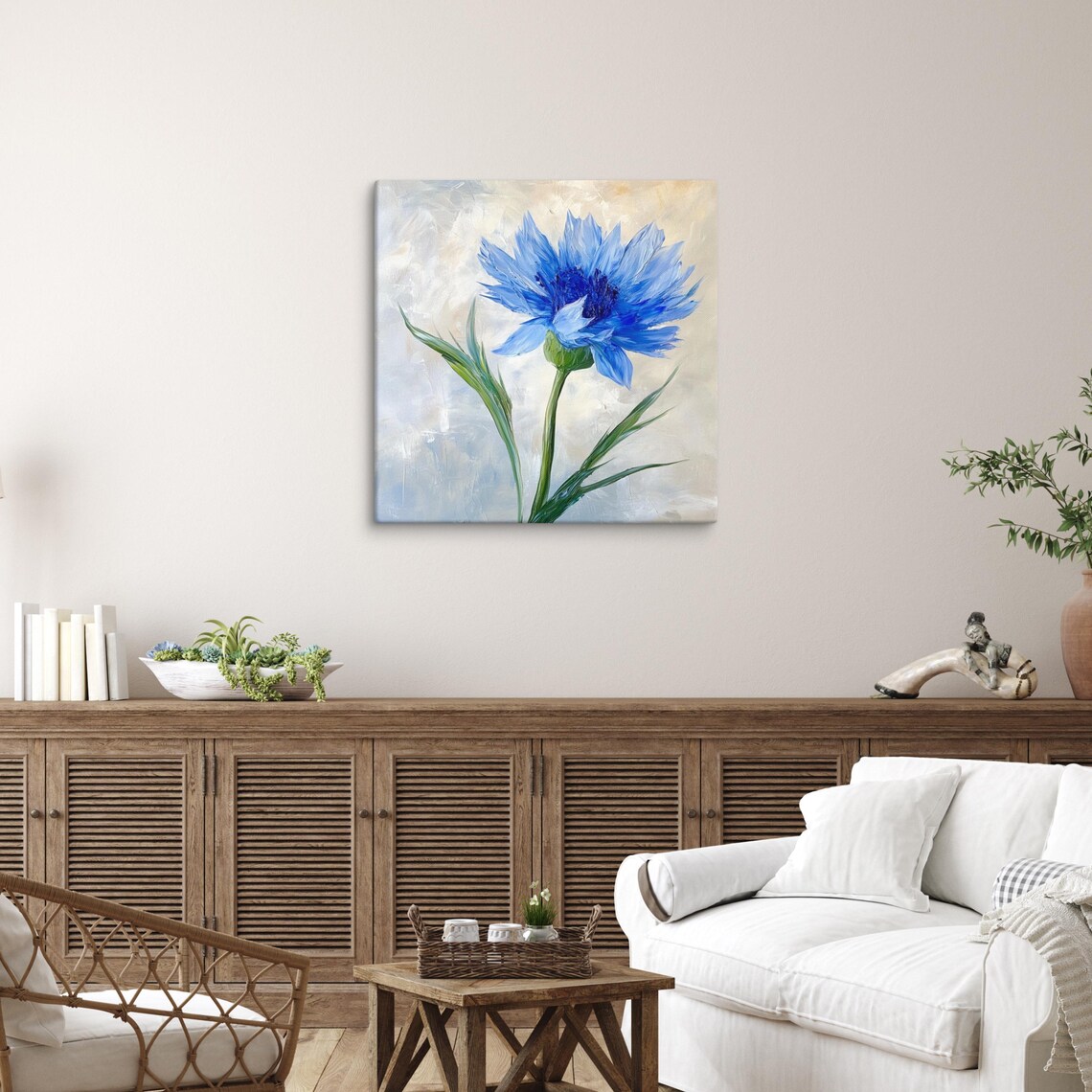 Blue Cornflower Bloom Single Flower Oil Painting Print Poster - Image 5