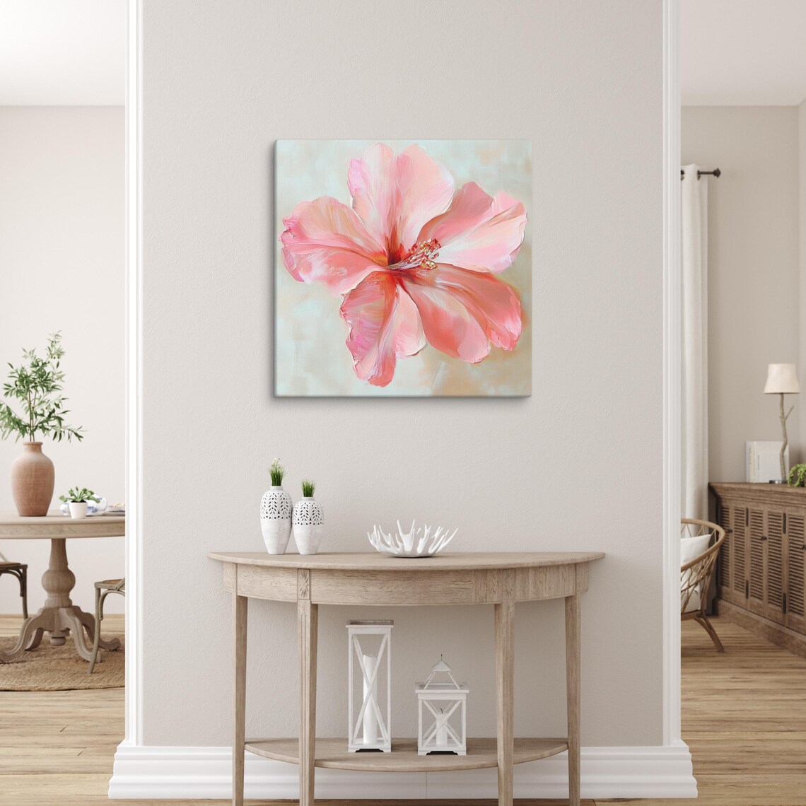 Pink Hibiscus Large Tropical Bloom Soft Floral Painting Print - Image 5