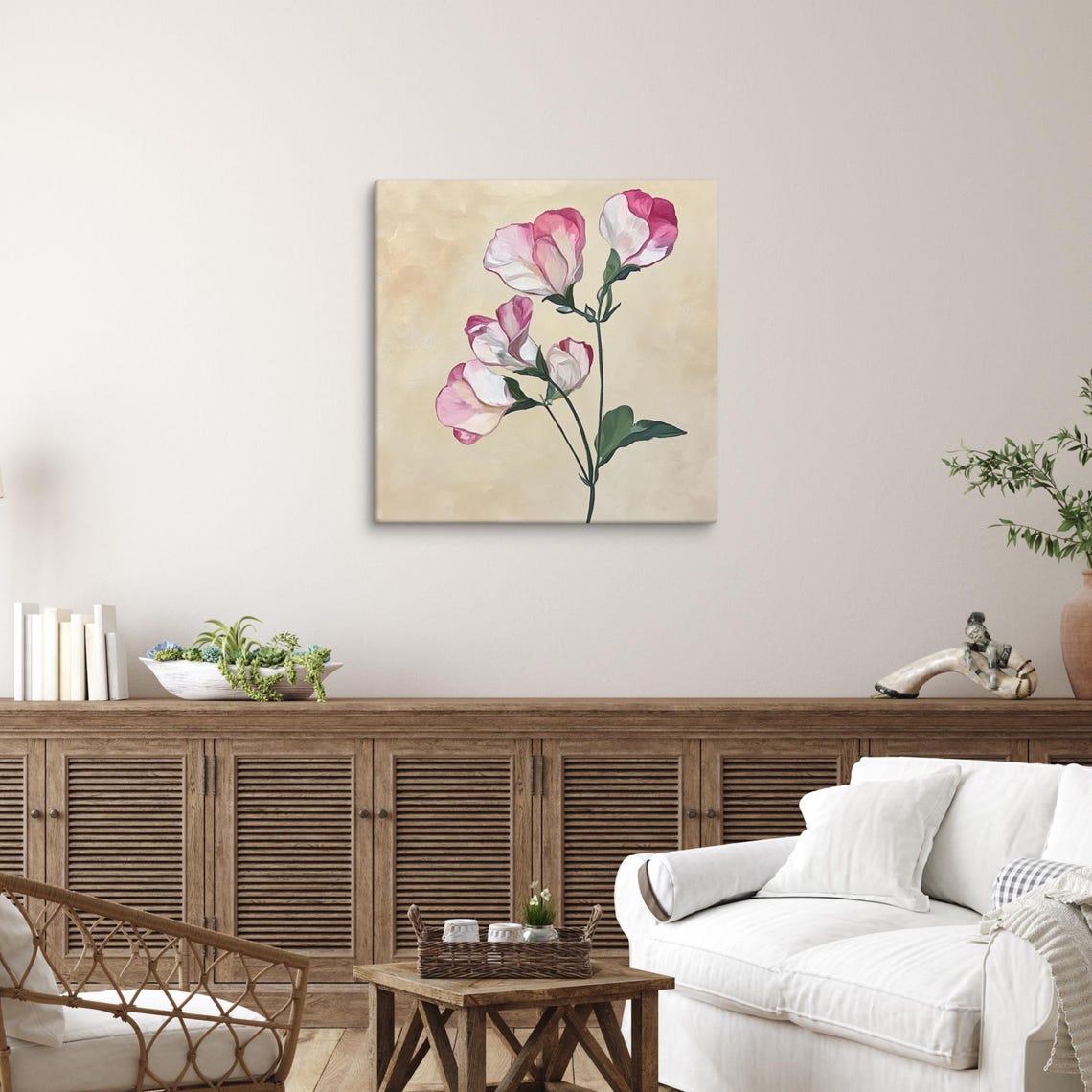 Sweet Pea Flower Wall Art Painting Print Living Room Wall Art Sweet Pea Art Flower Painting Print Beige Wall Art - Image 3