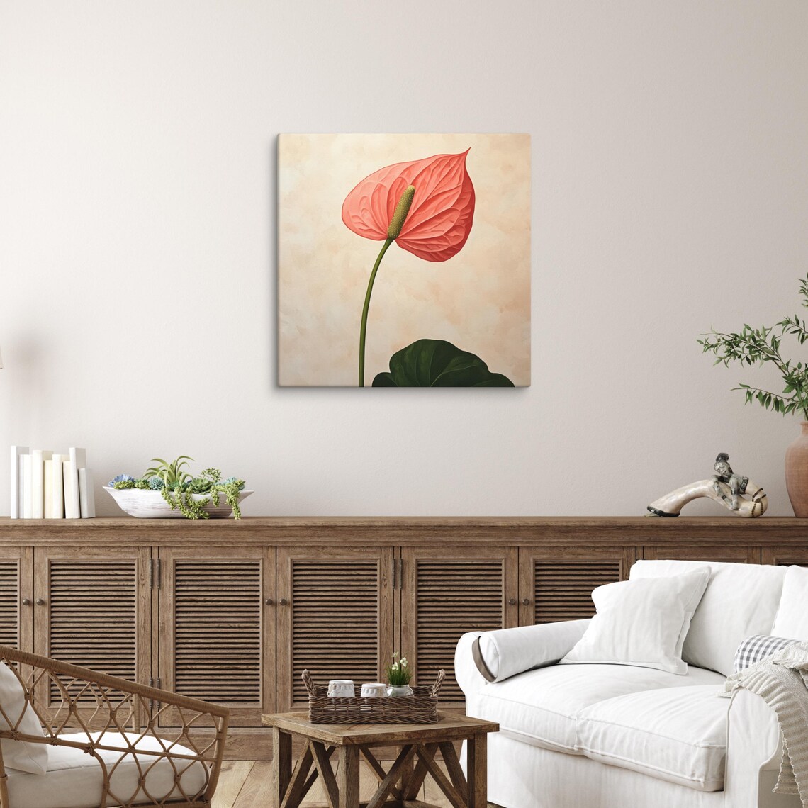Coral Red Anthurium Laceleaf Flower Minimal Painting Print Poster - Image 5