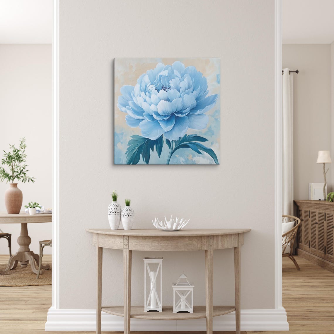 Light Blue Peony Teal Leaves Cream Blue Background Floral Poster - Image 5