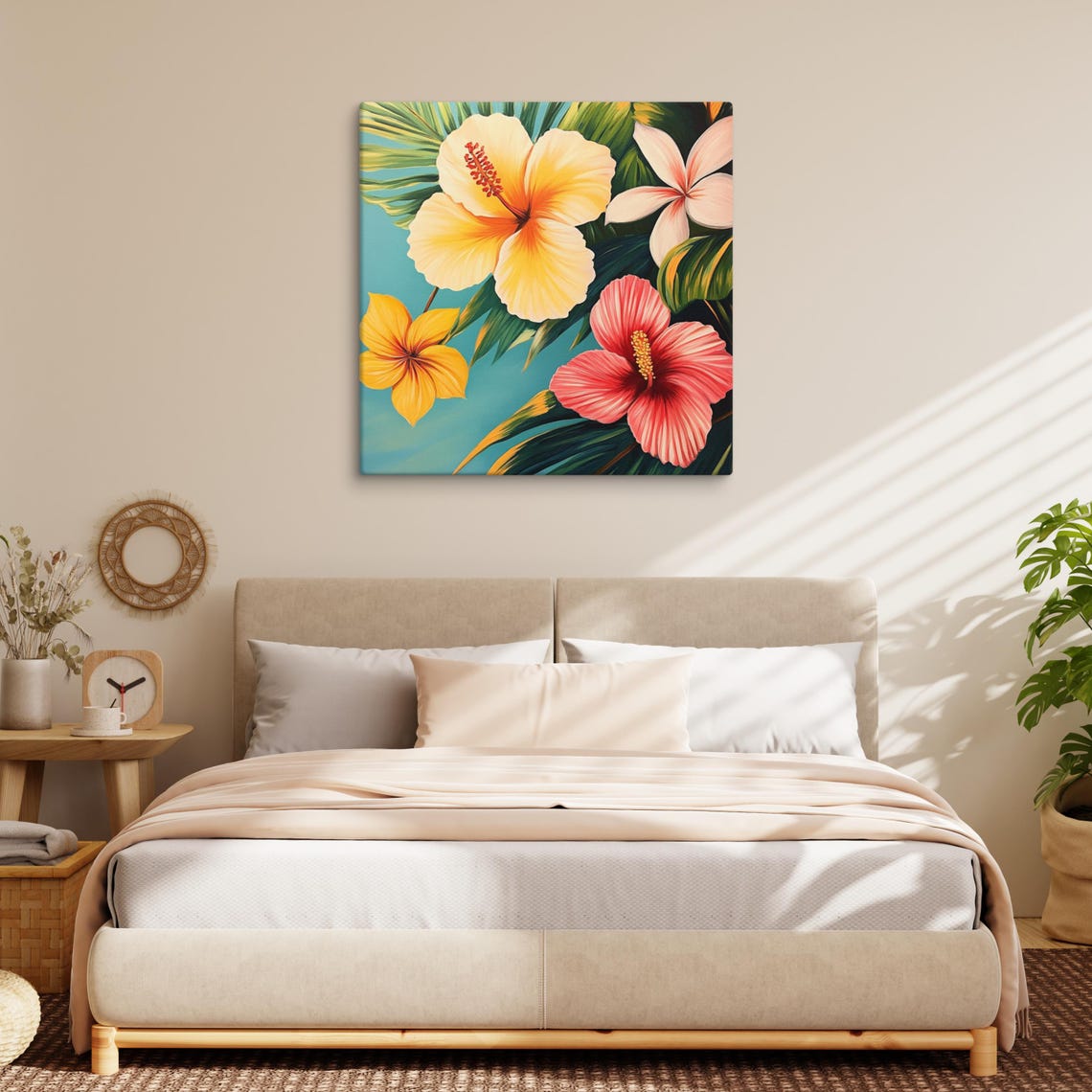 Tropical Hibiscus Golden Yellow Coral Blooms Turquoise Wall Art Poster - Image 5